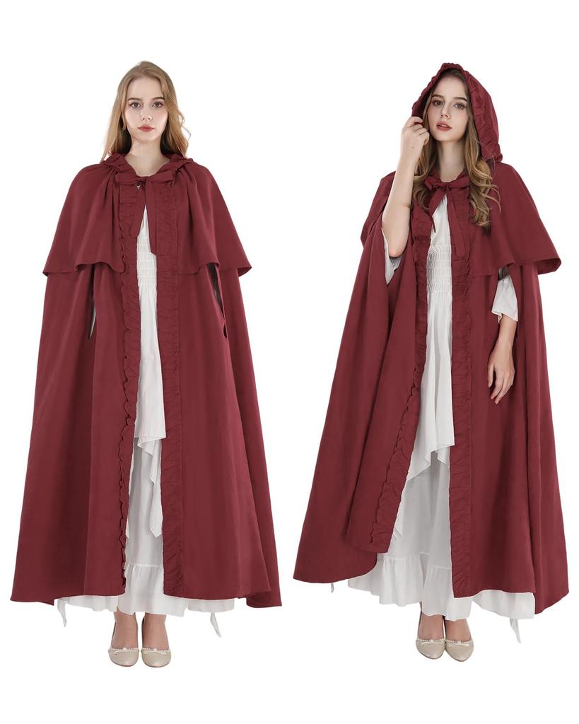 [Kami-Yu-Hyaku] Long Witch Cape with Hood, Medieval Vintage Cloak for Halloween Cosplay (Red, L)