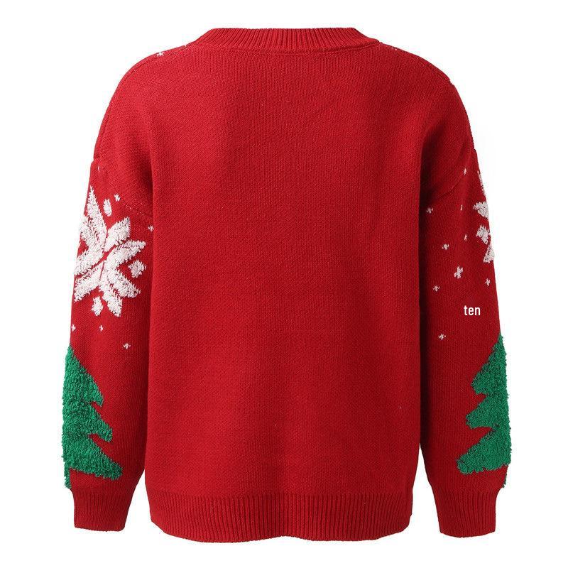 2025 Women's Embroidered Christmas Sweater - European & American Style Crew Neck Pullover with Snowflake and Tree Design