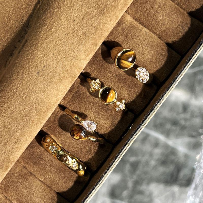 Autumn and Winter Advanced Sense Adjustable Index Finger Ring Niche Maillard Tiger's Eye Stone Gold Ring Women's Light Luxury Stacked Ring