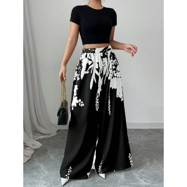 2026 Spring/Summer Women's Fashion Black and White Printed Slimming Casual Wide-Leg Pants