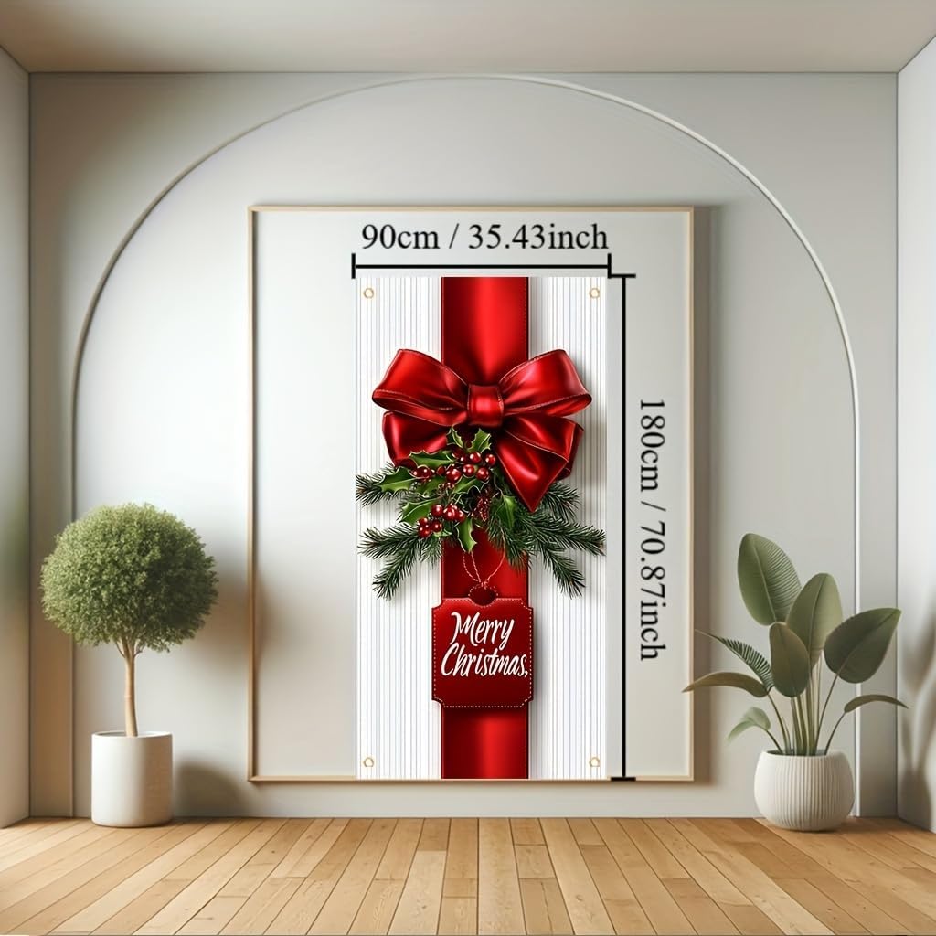 ChristmasDoor Cover Banner 71x35 Inch Red Bow and Holly Decoration for Front Door Holiday Indoor Outdoor Home Decor