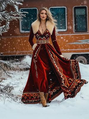 Women's Long Sleeve Printed Fleece Hooded Thick Maxi Dress