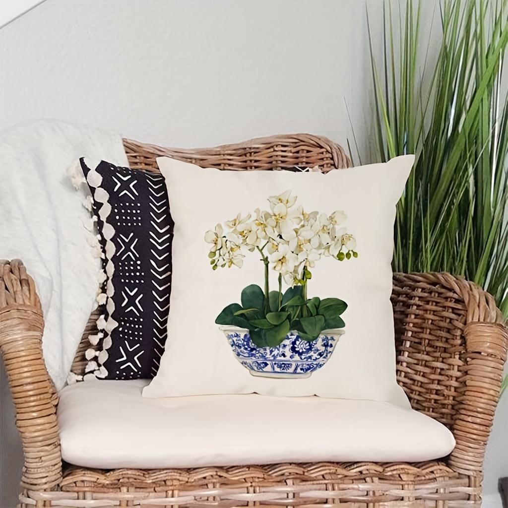 Double Sided White Orchid Blue White Porcelain Throw Pillow Cover Botanical Print Decorative Cushion Case For Couch Home Decor