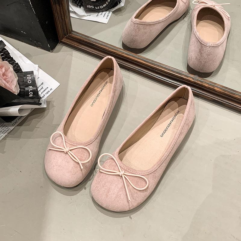 Spring and summer 2025 new bow suede shallow mouth single shoes round head comfortable soft sole not tired feet Doudou women's shoes
