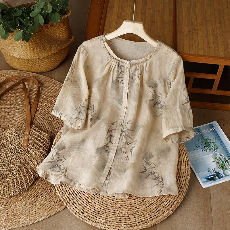 3365 Women's Lightweight Ink Bamboo Print Summer Ramie Top - Breathable & Unique Style