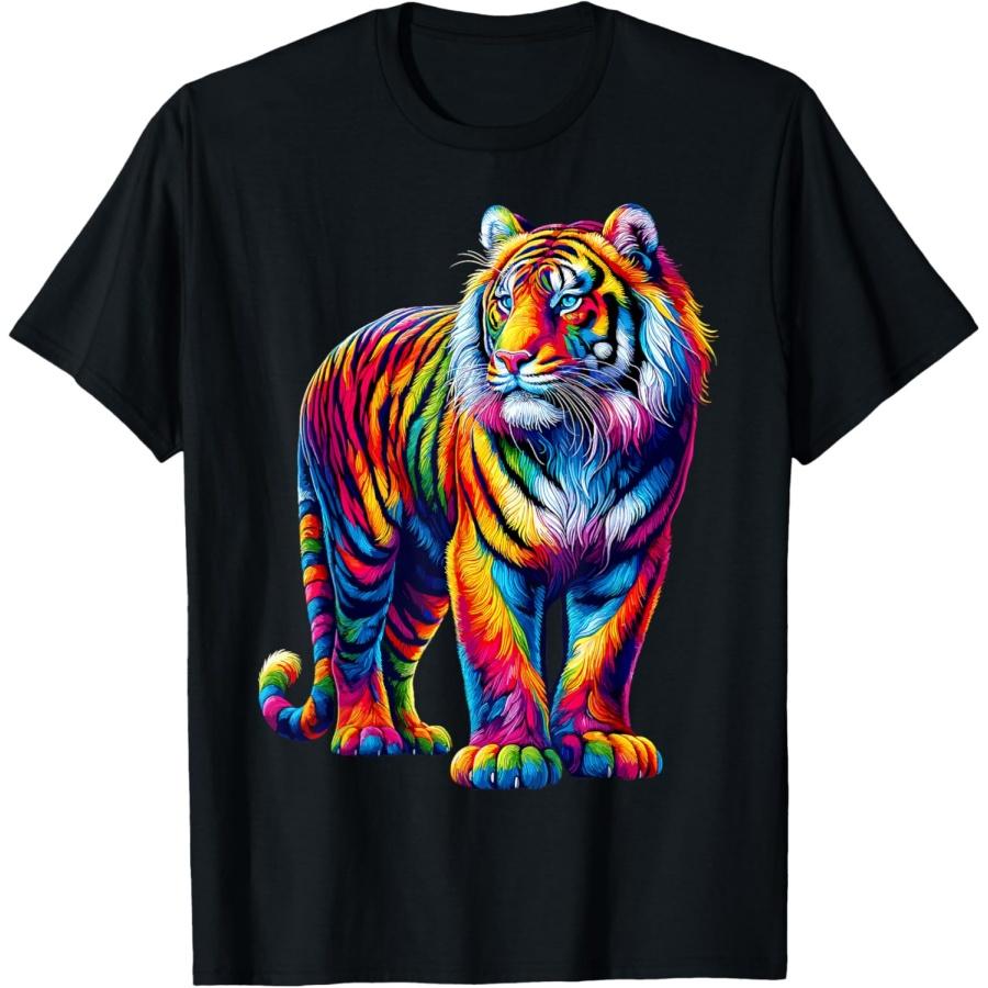 Vibrant Colorful Tiger Art Shirt Rainbow Wild Cat Animal T-Shirt for Men Women Kids XXXXXL чёрный