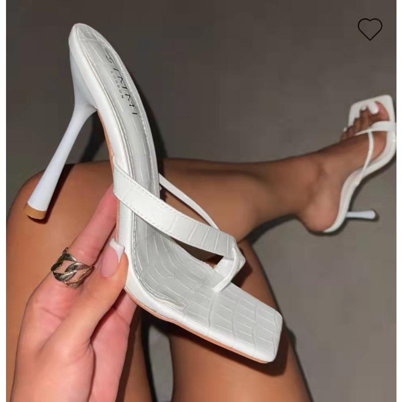 22 Summer New Stiletto Set Toe High Heel Sandals Women's Large Size Square Head Snake Pattern Herringbone Stiletto Cool Slippers