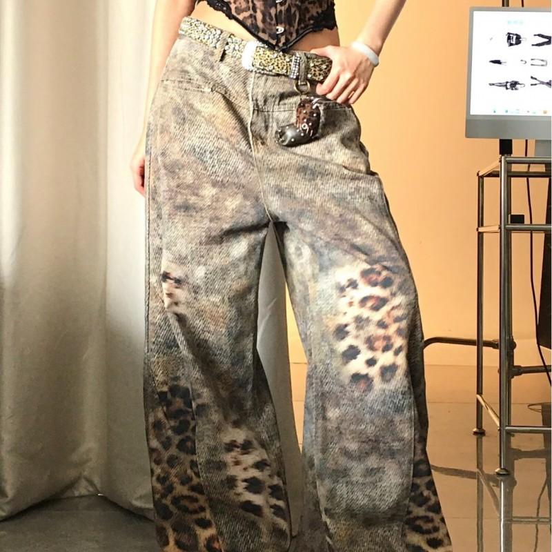 Vintage Washed Leopard Print Patchwork Denim
