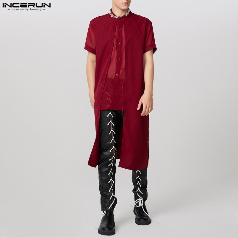 INCERUN Men Short Sleeve Layers Patchwork Mesh Sheer High Low Casual Shirts