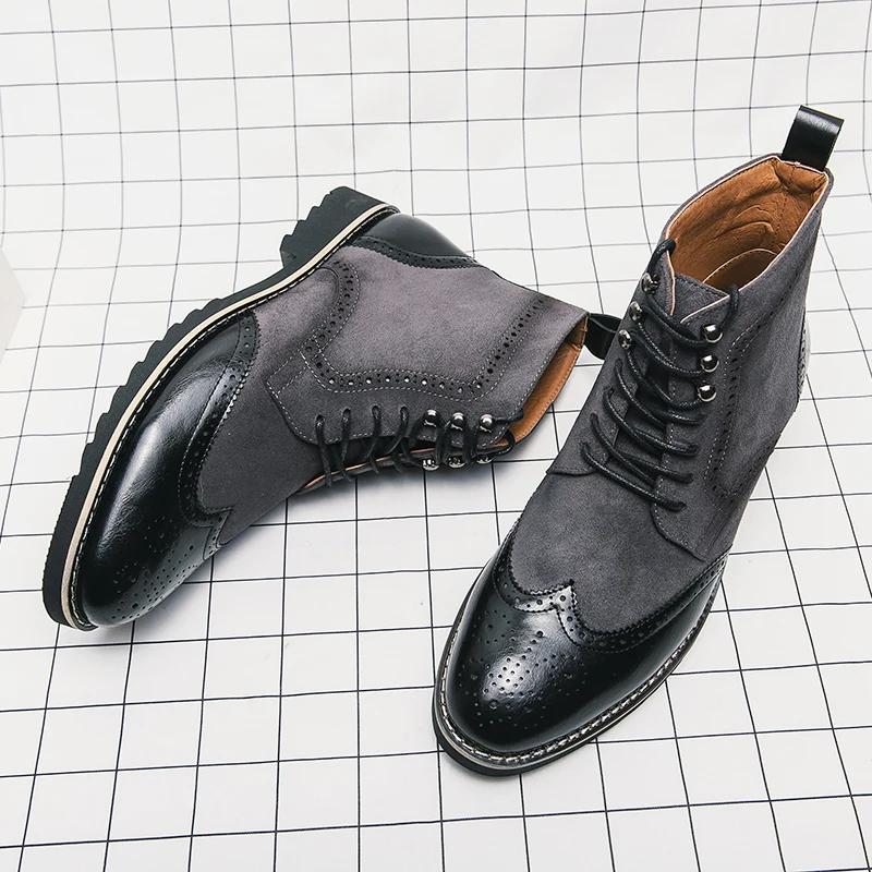 Fashion Men's Suede Leather Patchwork Brown Ankle Boots Brand Designer Flat Bottom Short Boots Men's Outdoor Flat Bottom Casual Boots