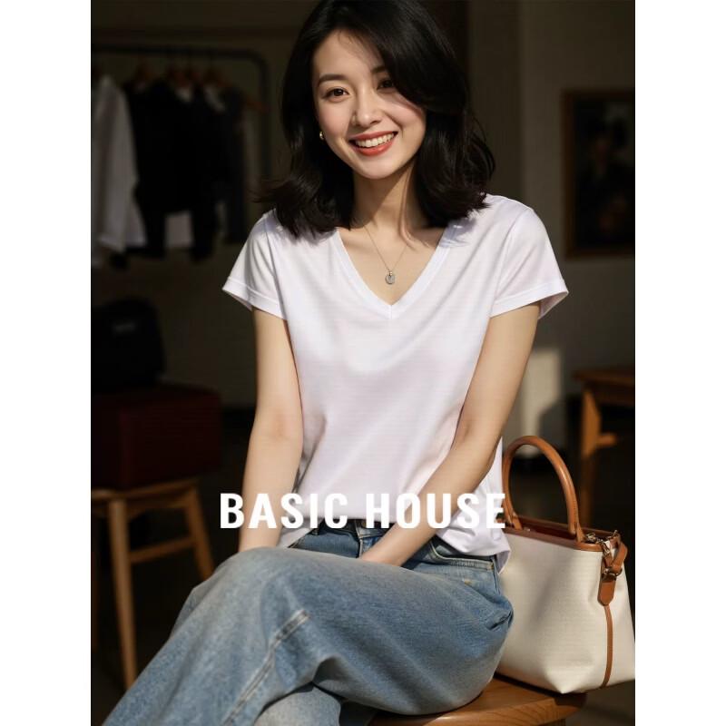 Basic House Women s Loose Silk Blend V-Neck Short Sleeve T-Shirt M