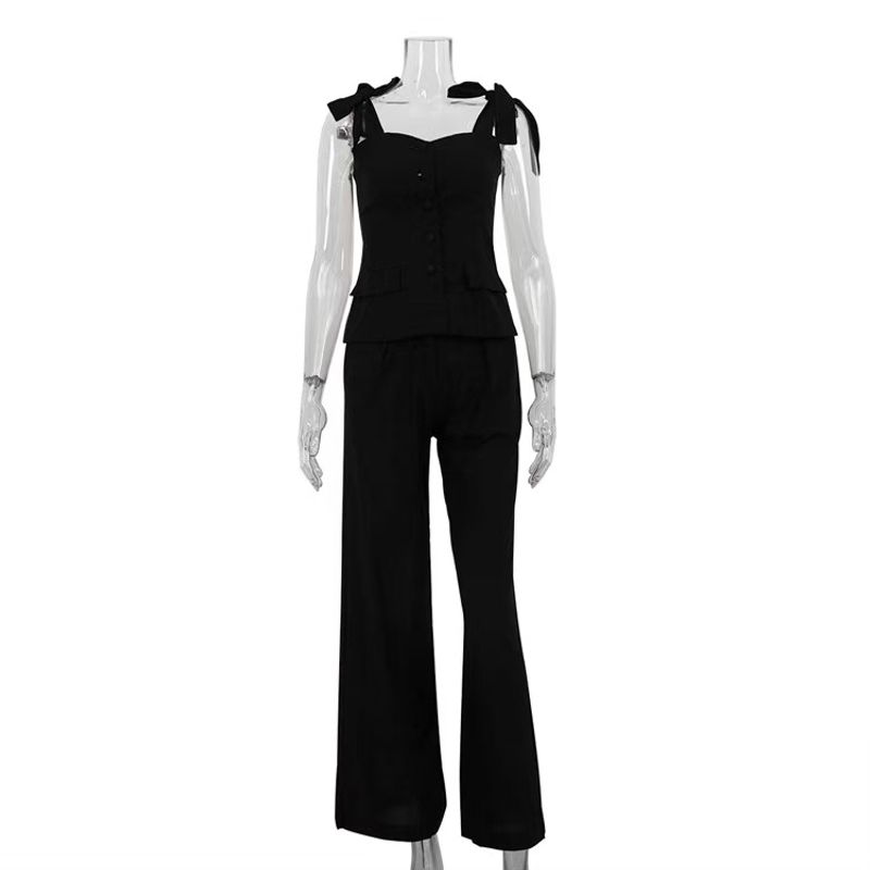 

Fashion Style New Arrival Fashion All-Match Sling Vest Pants Two-Piece Suit Strap Vest and Pants Set Black S