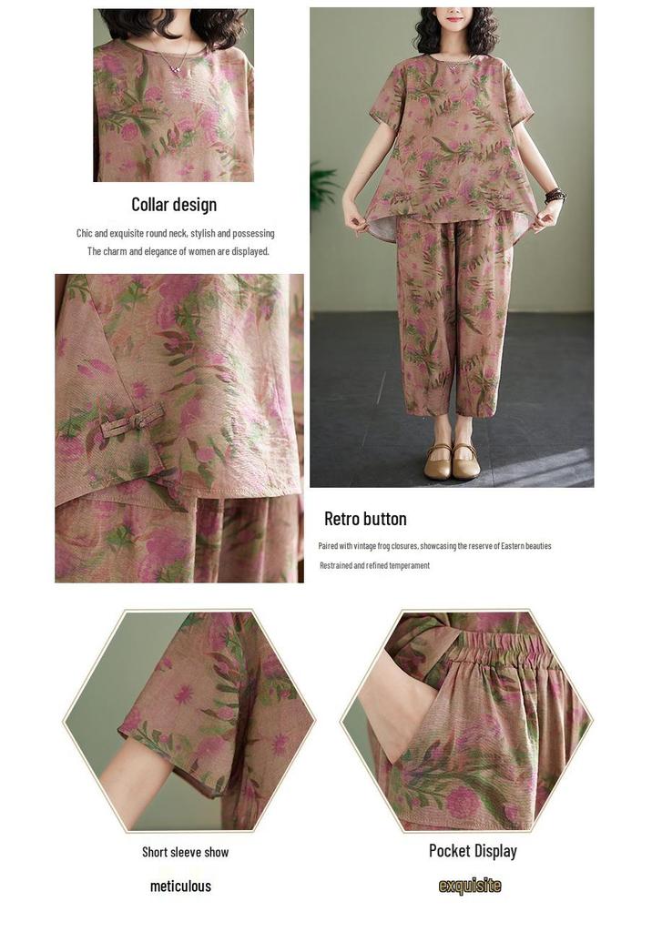 2025 Summer Cotton Linen Floral T-shirt & Harem Pants Set for Women