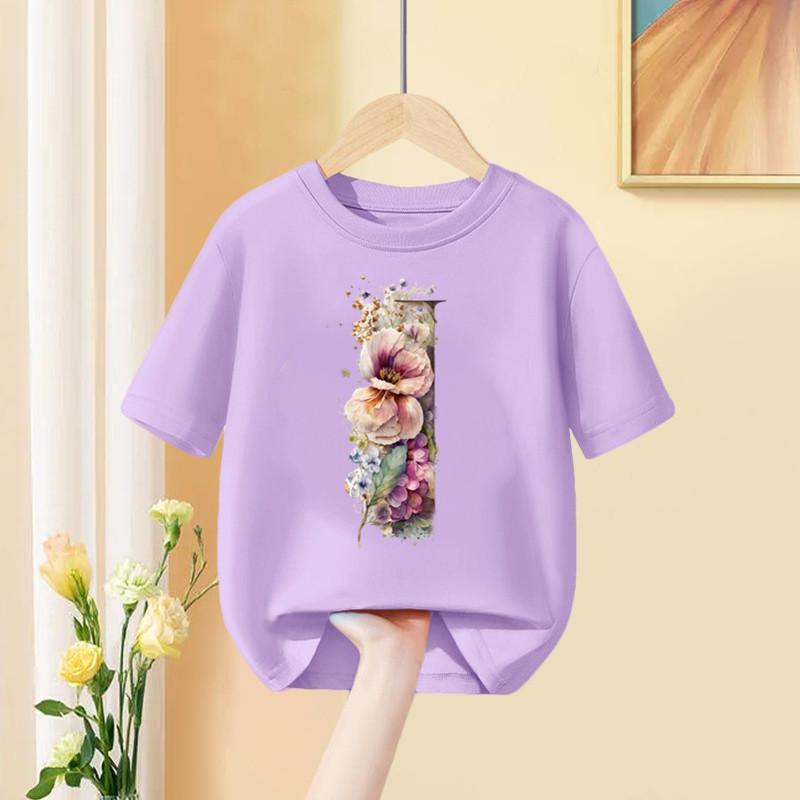 Mädchen T-Shirt 26 Englische Buchstaben A B C D Kindermode Blume T-Shirt Kinder Benutzerdefinierter Name Buchstabe Sommer Lila Kleidung