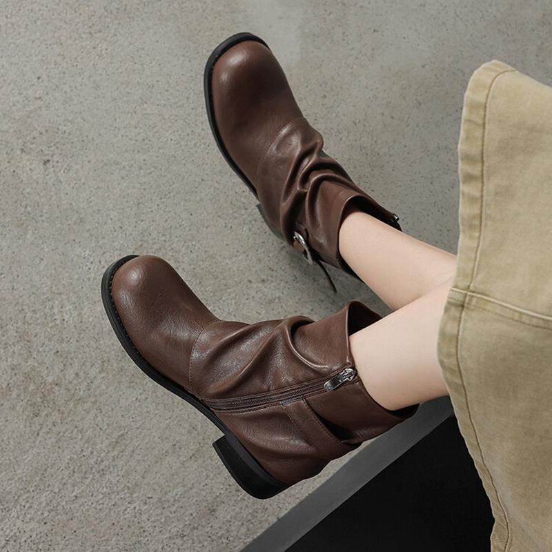 Fashion NEW Autumn Women Boots Split Leather Shoes for Women Round Toe Chunky Heel Shoes Zipper Short Pants Boots Buckle Modern Boots