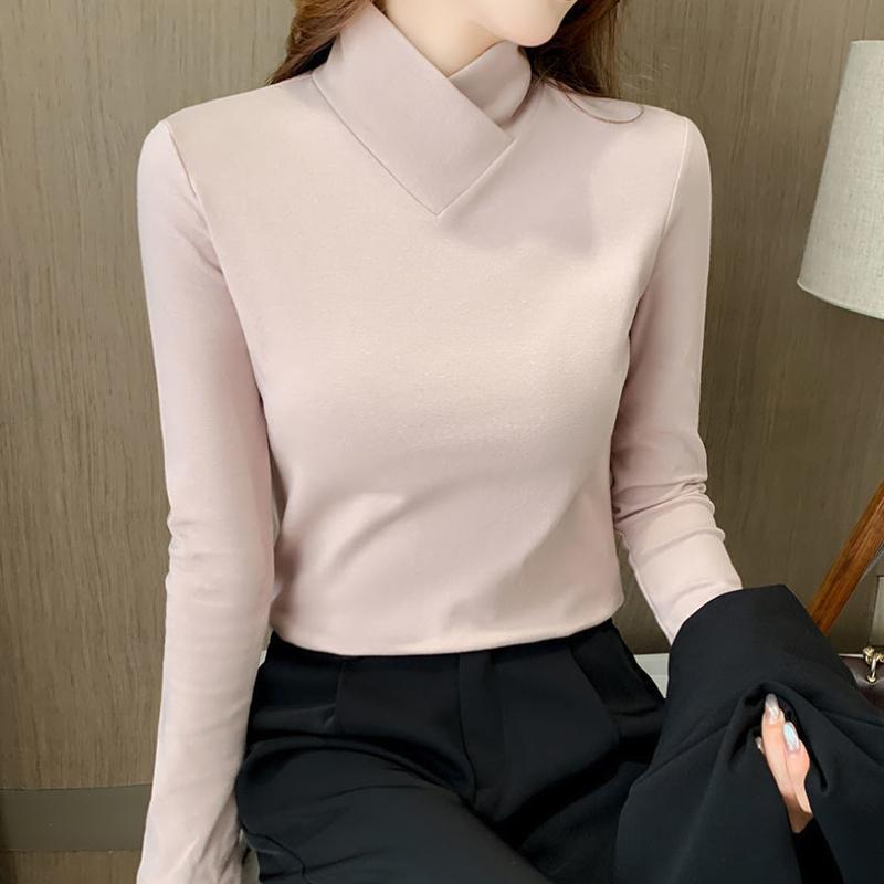 Autumn Winter Fleecing Matching Basic Tops Half High Collar Shirt And Blouse Long Sleeve T-shirt for Women Sweet Elegance Blouse