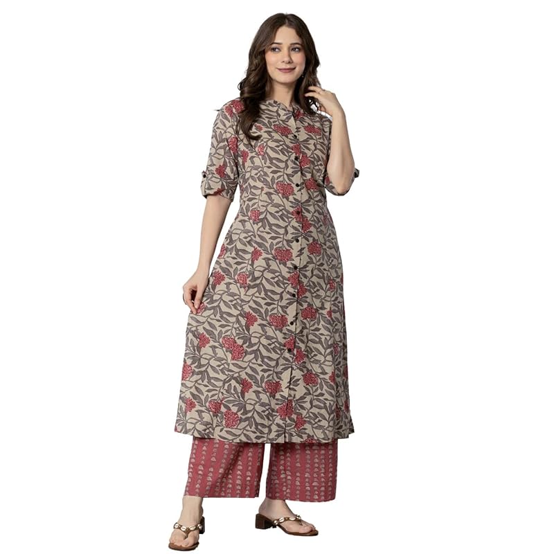 rytras Women s Cotton Printed A-Line Kurta with Palazzo Pant Set(Maroon,RYT583,3XL) M