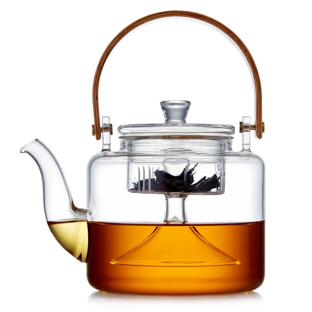 Pokaro Tea Teapot, Heat-Resistant Glass, Stylish Teapot, Teapot, Clear Glass, Stovetop-Safe, Large Capacity (1000ml), with Glass Tea Strainer, Bamboo