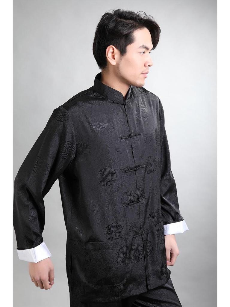 Men's Silk Long-Sleeve Tang Suit Set - Roll-Up Sleeve Kung Fu Suit for Spring & Autumn