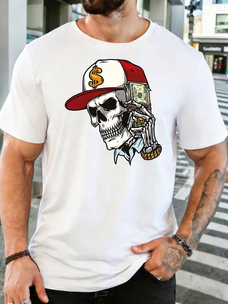 Unisex Crew Neck Tee Hip Hop Skull Cap Cash Art Graphic Print Short Sleeve Top Summer Loose Soft Breathable Casual Basic Daily Wear