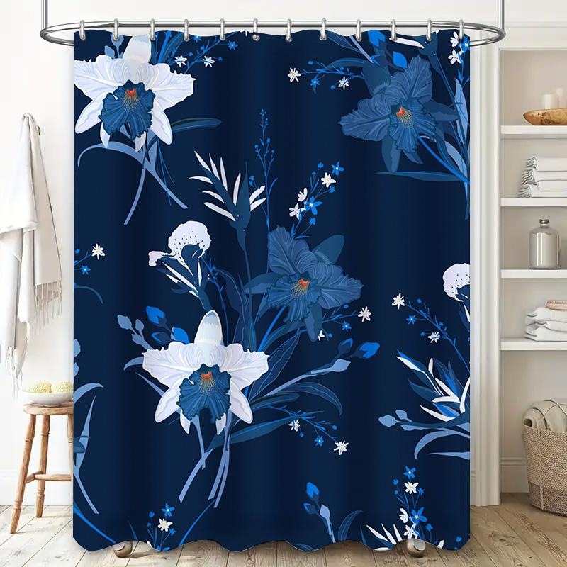 Blue Floral Shower Curtain Set Waterproof Bathroom Decor Modern Print Bath Mat Non Slip Rug Flower Design Water Repellent One Si