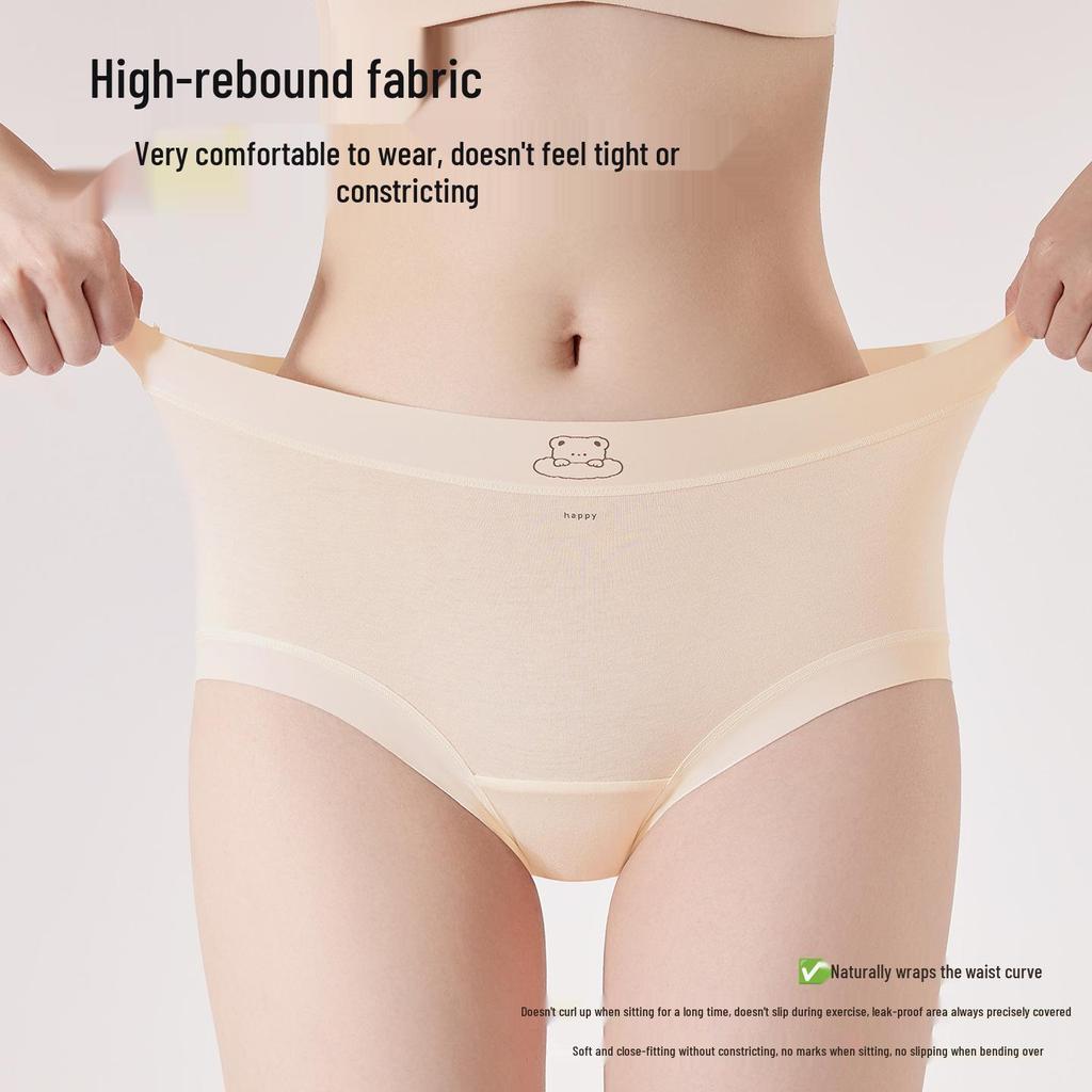 10A Antibacterial Women's Pure Cotton Bear Print Triangle Period Panties - Long Crotch, High Coverage