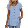 Top Camiseta Feminina Fashionável de Manga Curta com Gola Redonda e Decoração de Botões -Cor Única