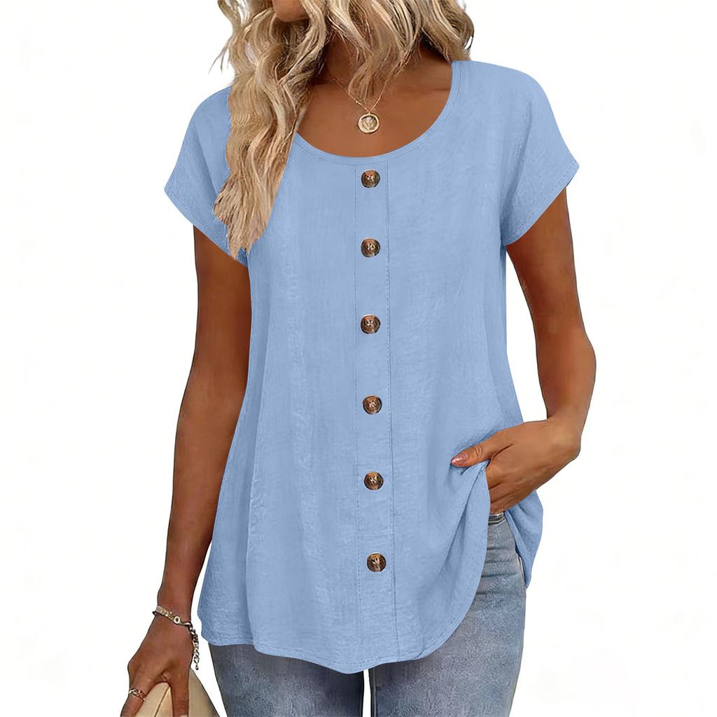 Top Camiseta Feminina Fashionável de Manga Curta com Gola Redonda e Decoração de Botões -Cor Única