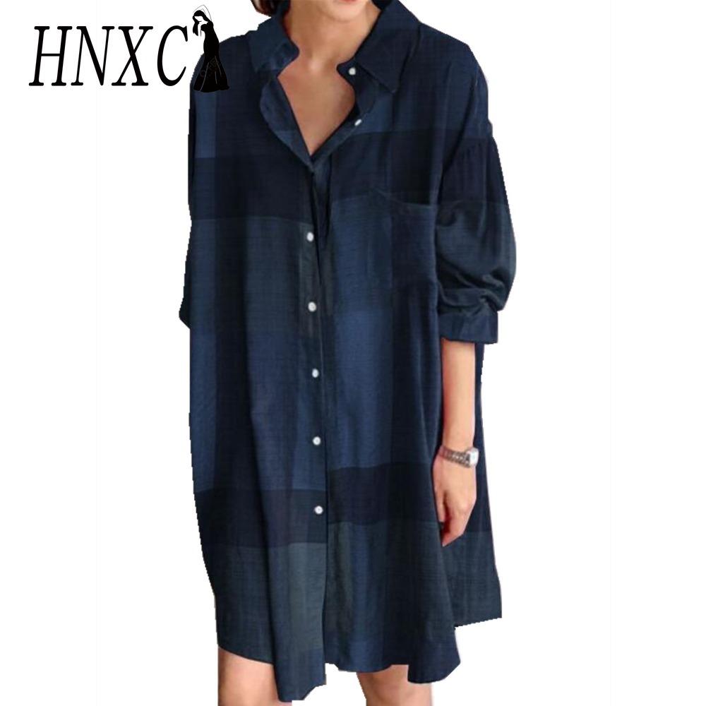 

HNXC Женское платье-рубашка с отложным воротником и длинными рукавами, летняя мода, платье с принтом в клетку XXXXXL синий