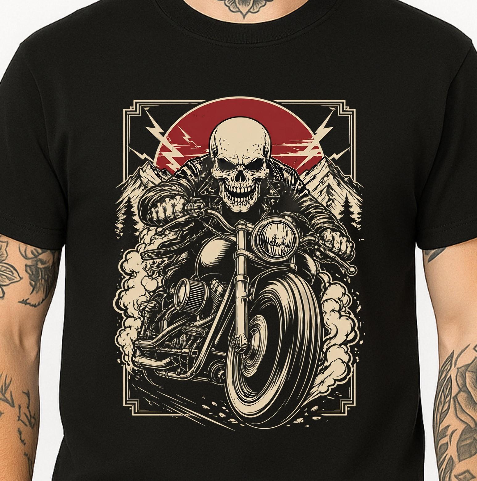 Skull Biker Motorcycle Graphic Vintage Rider Chopper Mountain Skeleton Tee. M