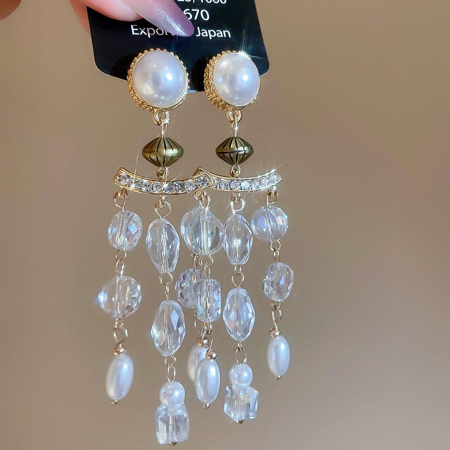 

Pearl crystal fringed pendant handmade earrings necklace set court style collarbone chain neck chain women