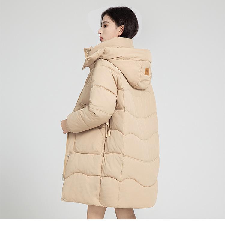 Damen Herbst- und Wintermantel Kontrastfarbe Locker Kapuze Mittellang Verdickt Winddicht Damenjacke 5 Farben