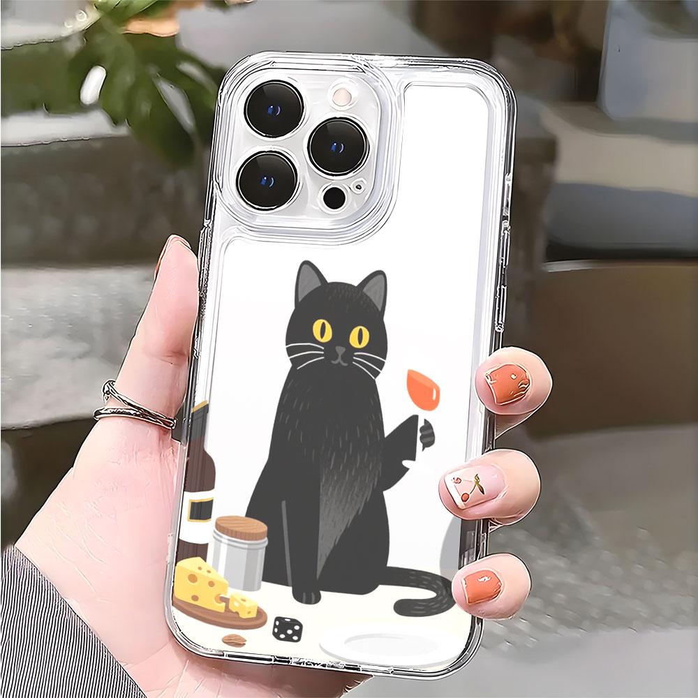 Black Cat with Wine Cheese Transparent Soft TPU Phone Case for Xiaomi Redmi Note 15 14 13 12 11 10 9 Pro Plus 4G 5G Soft Cover