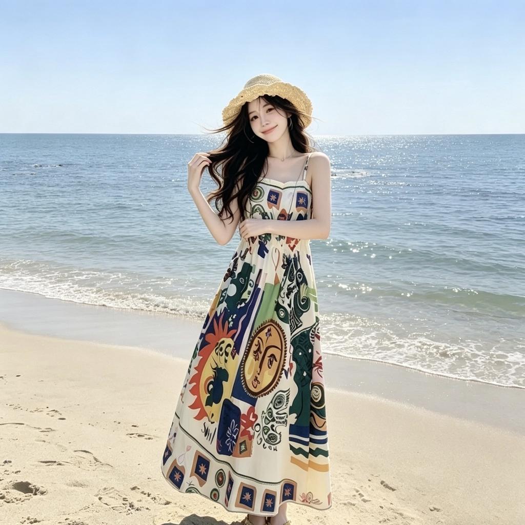 Retro ethnic style oil painting graffiti printing suspender dress women's summer new high-end niche seaside long skirt