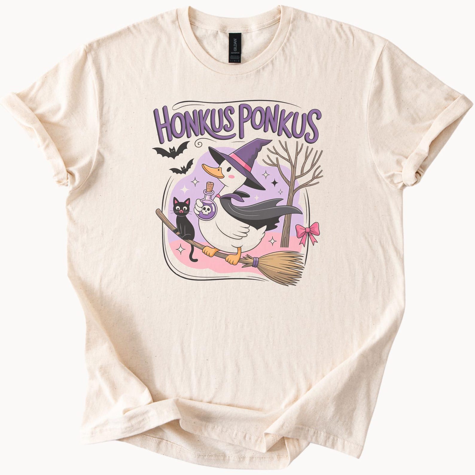 Honkus Ponkus Goose Witch Halloween T Shirt Cute Duck in Witch Hat with Black Cat Flying Broomstick Funny Spooky Graphic Tee 130