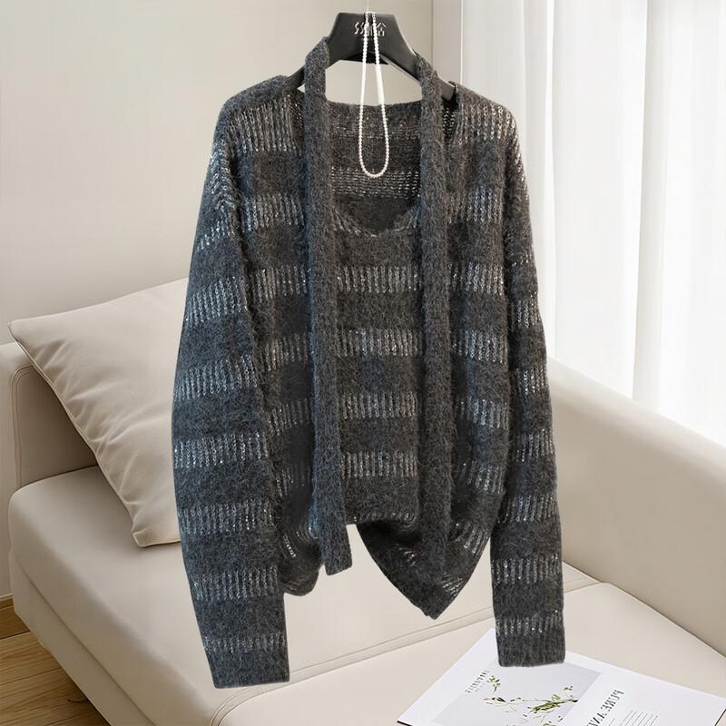 

Women s V-Neck Striped Wool Blend Sweater One Size