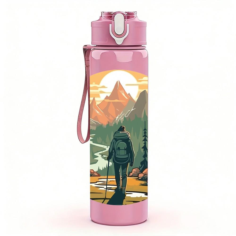 1PC Mountain Forest Scenery Landscape Print 750ml Color Plastic Sports Water Bottle Leakproof Flip Straw Lid Suitable for Sports Office Home Use