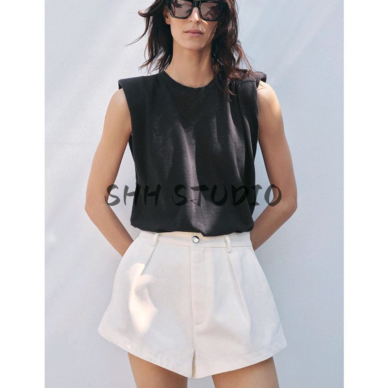 Spring and Summer New Women's Clothing Minimalist round Neck Cotton with Padded Shoulder Washing Effect Sleeveless T-shirt Top 0858203