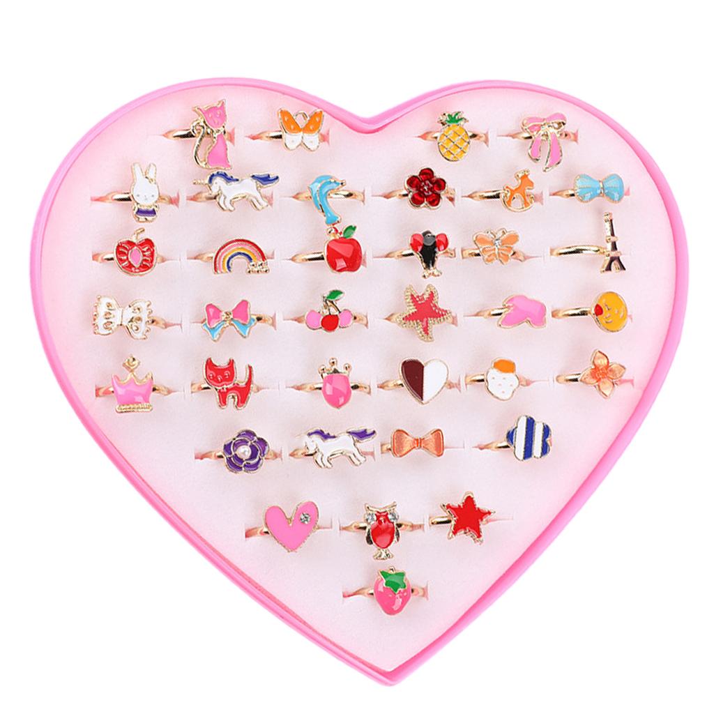 36pcs Adjustable Rings for Children Cartoon Rings Flower Animal Fashion Jewelry Girls Dress Up Rings Party Accessories