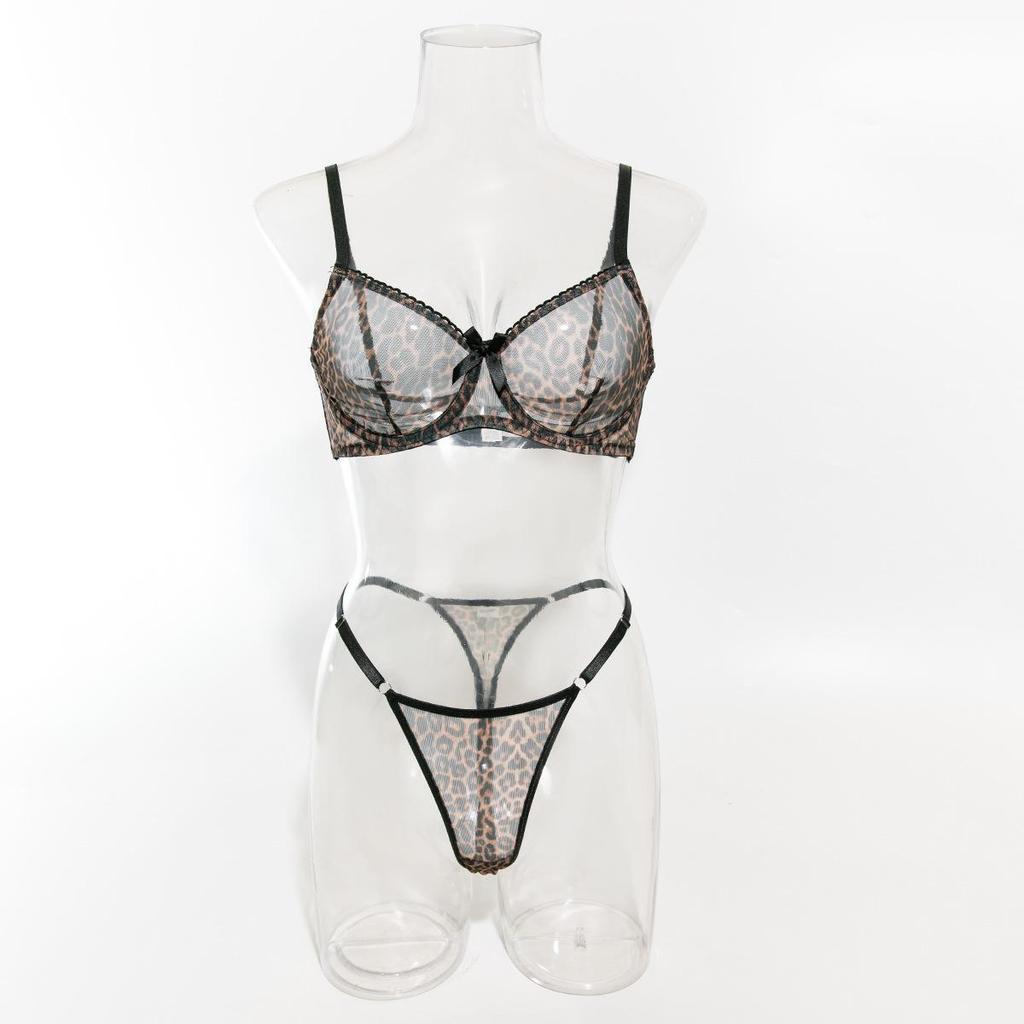 French Leopard Print Mesh Push-up Bra and Panty Lingerie Set