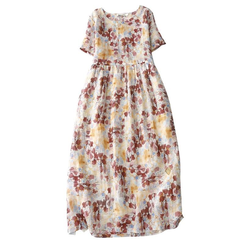 2025 spring and summer new product round neck short sleeve printed cotton and linen dress women's foreign style small floral medium and long skirt