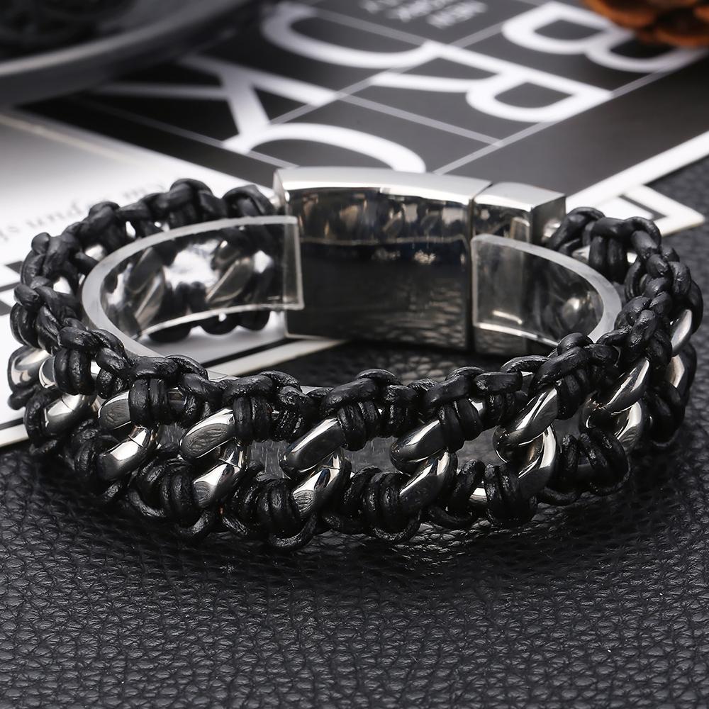 Herren 22MM Poliertes Edelstahl Kubanische Kette Armband für Herren Geflochtenes Leder Wickelarmband Armband Männliches Schmuckaccessoire