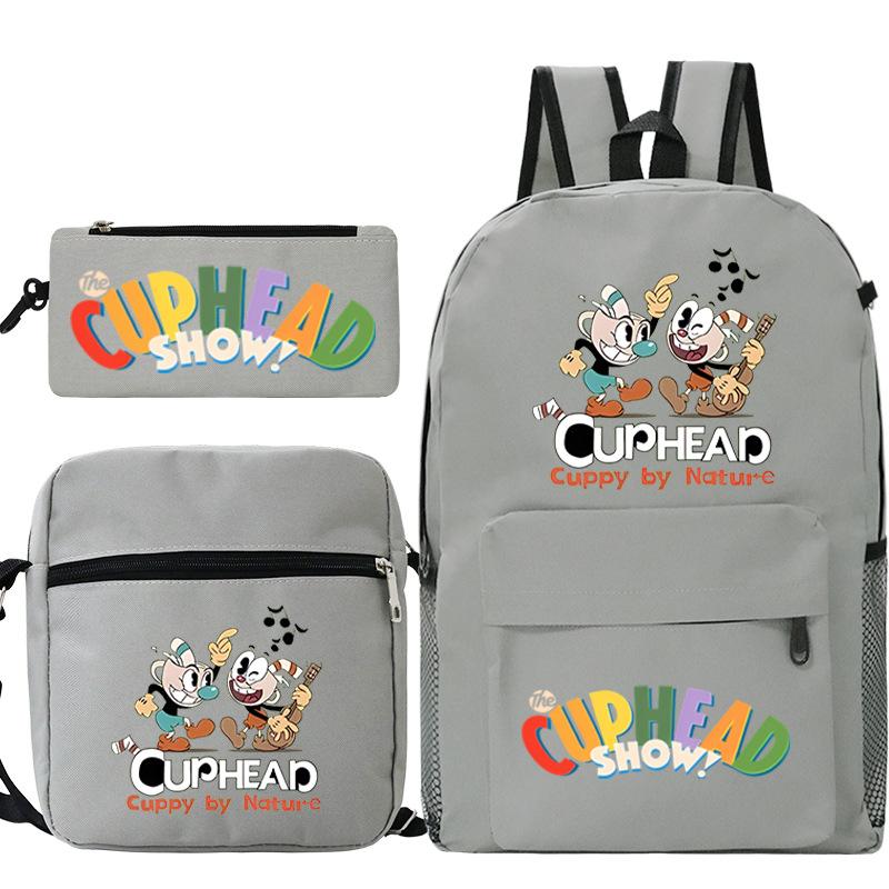 Cartoon Teacup Head Cuphead Student Backpack Oblique Span Bag Pencil Bag Primary And Secondary School Students Children'S Schoolbag Three-Piece Set