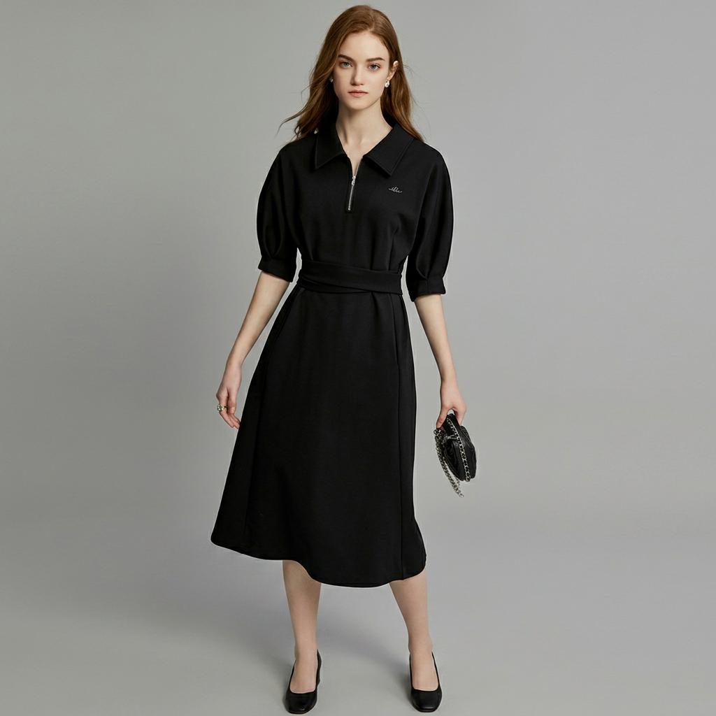 ELLE Polo Collar Design High Waist Midi Dress Slim Fit Elegant Short Sleeve Dress Women Dresses EL34321