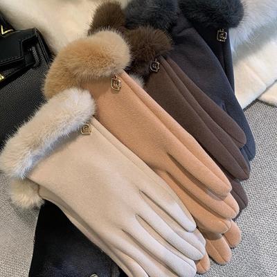 Light Luxury German Plush Gloves Women's Autumn and Winter Cycling Cold Proof and Warm Finger Touch Screen Gloves