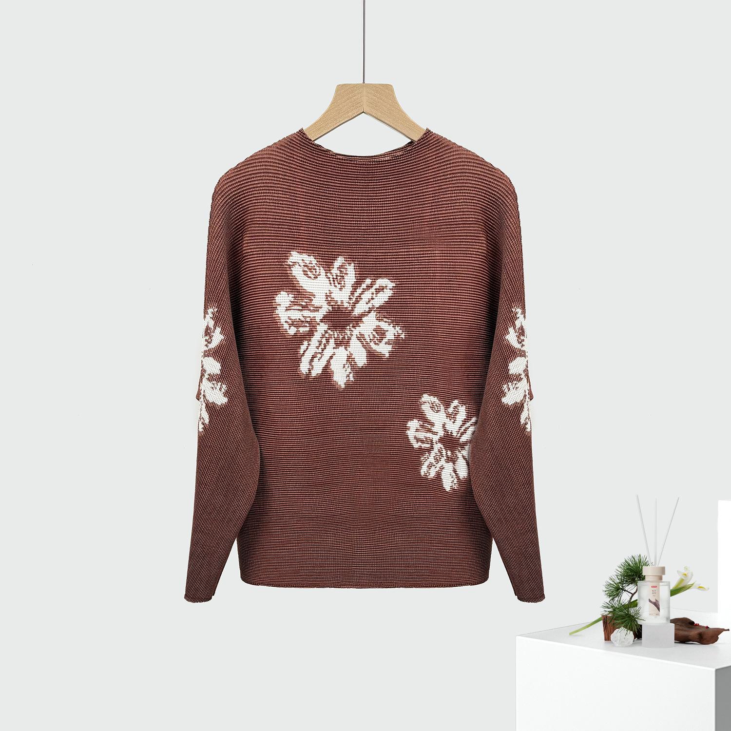 Women s High-End 2025 Printed Batwing Sleeve Plus Size Miyake Top One Size коричневый