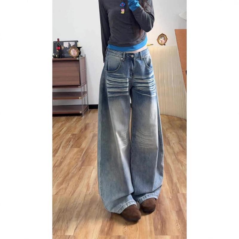 Washed Low-rise Velvet Thickened Wide-leg Jeans for Women, Loose and Thin Floor-mopping Scimitar Pants for Autumn and Winter