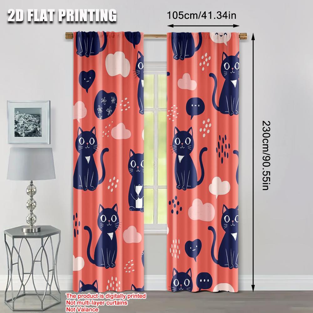 Set Of 2 Spring Summer Curtains Cute Cat Semi Versatile Durable Polyester Decorations Inside Use Digital Curtain With Light Filtering