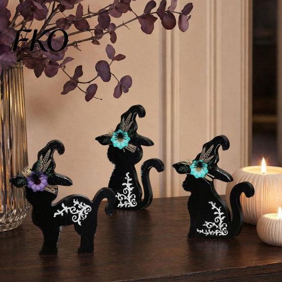 Seasonal Home Decoration 3Pcs Halloween Decoration, Black Cat Ghost Witch Hat Table Decor, Fall Decor Rustic Farmhouse Wooden Centerpieces for Office