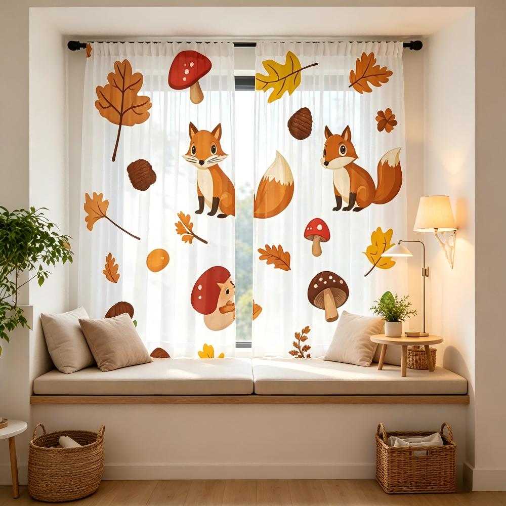 2PCS Digital Print Sheer Curtain, Maple Leaf Fox, Autumn Forest Nature Animal - Voile Drapes for Bedroom Living Room Decor